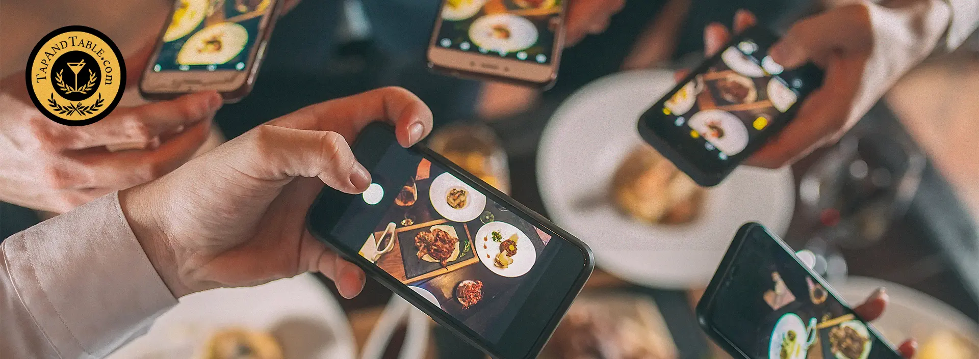 People taking photos of restaurant dishes with smartphones as social proof